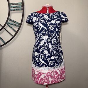 Eliza J Dress 8 NWT Navy & Pink Floral Cap Sleeve Lined Shift